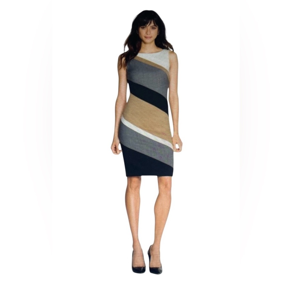 WHITE HOUSE BLACK MARKET Diagonal Black Tan Gray Colorblock Stripe Pencil Dress